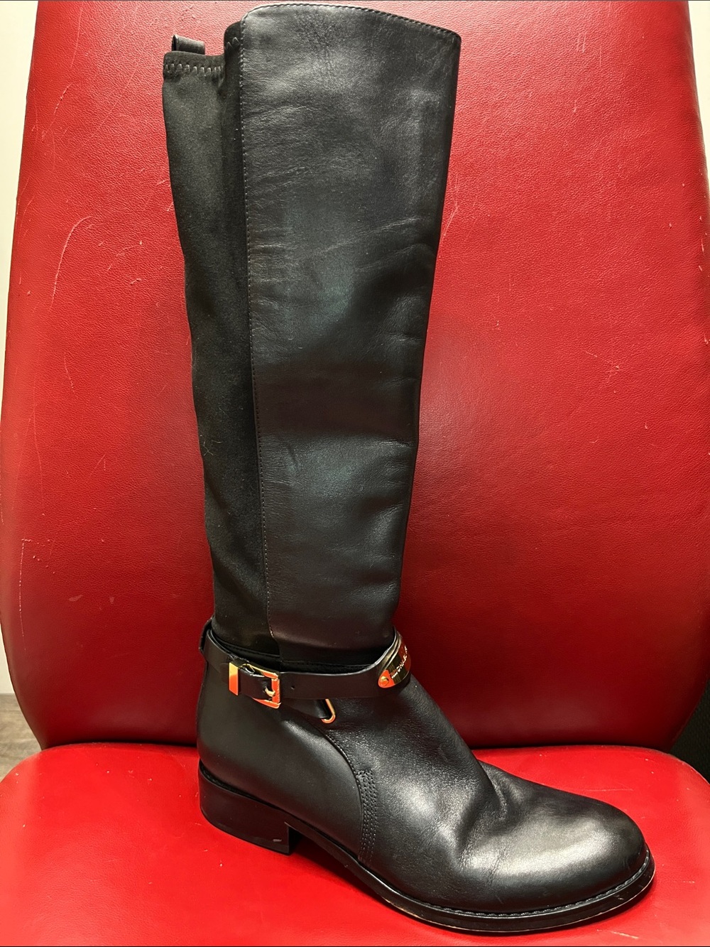 Michael Kors Black Over-the-Knee Leather Boots with Gold Accent